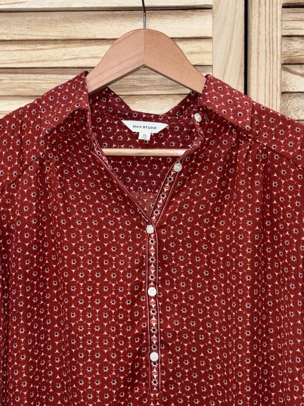 Max Studio Rust Brown Geometric Print Dainty Popover Blouse Poof Sleeve XS